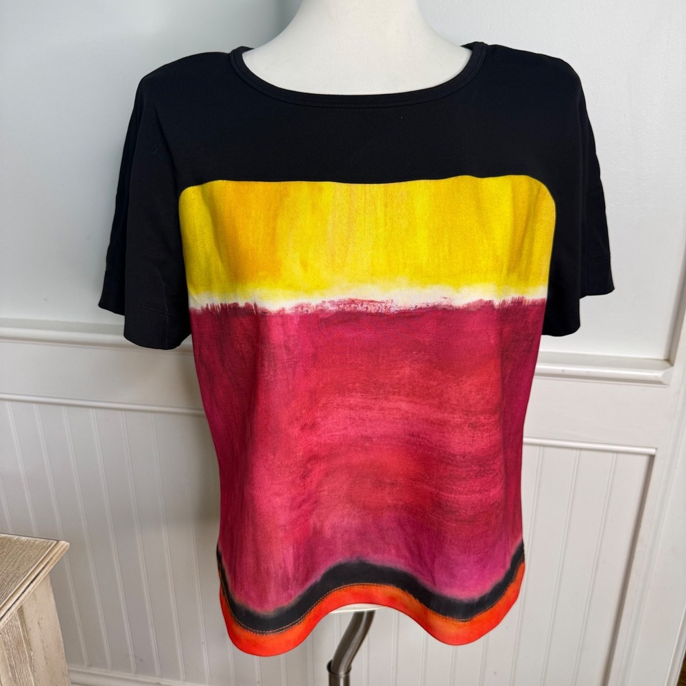 Alberta Ferretti Womens Abstract Colorblock Short Sleeve Top Black Yellow Pink 8